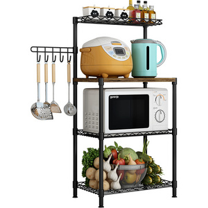 Kitchen with hook microwave oven organizer storage rack bathroom multi-function with wooden iron shelf