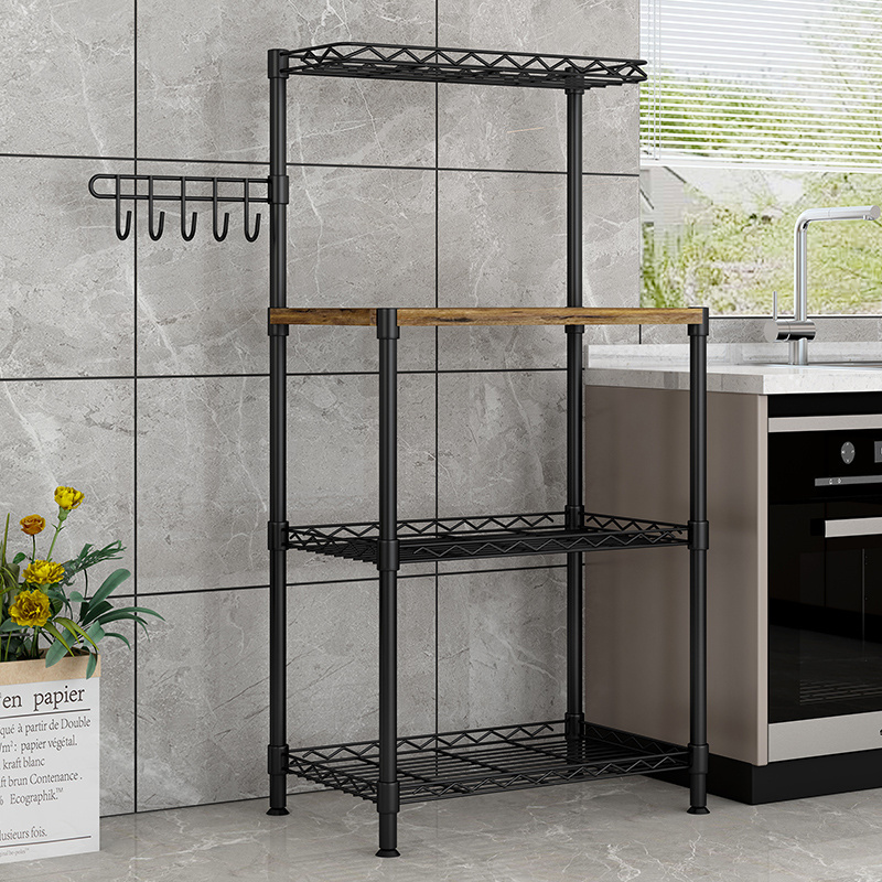 Kitchen with hook microwave oven organizer storage rack bathroom multi-function with wooden iron shelf