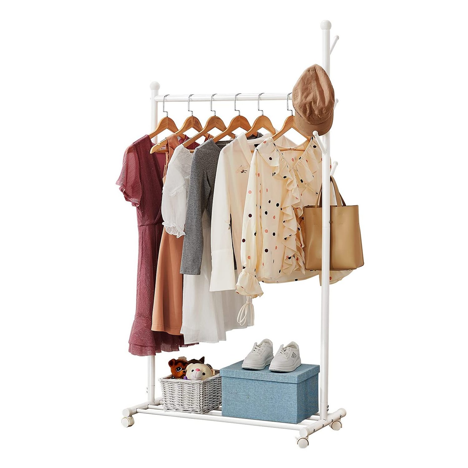 Heavy Duty Metal Clothes Rack 5 Hooks Double Rods Wooden Clothes Hanger Multifunctional Clothes Stand Rack