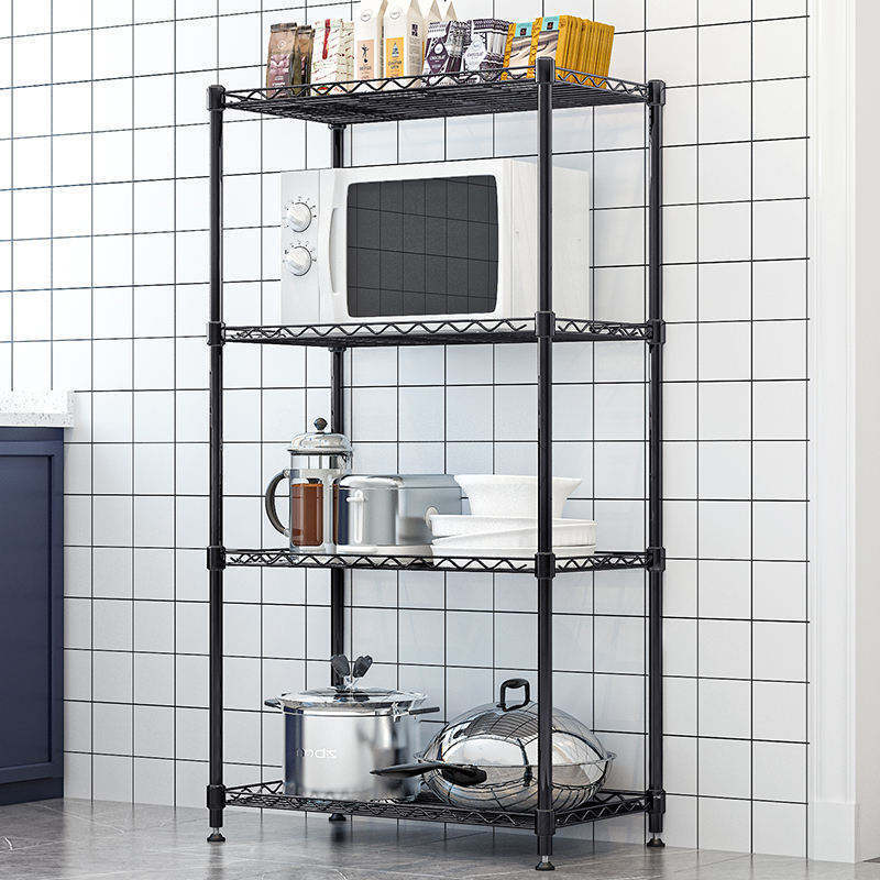 Kitchen 4-Tier Black Storage Rack Microwave Rack Small Stacking Rack Living Room Bathroom Iron Organizer Shelf