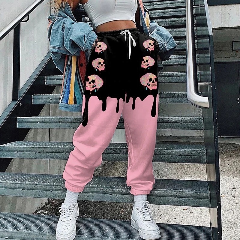 Custom LOGO High Quality 100% Cotton Plus Size Women's Pants Trousers Digital Printing Skull Skeleton Stacked Pants For Lady