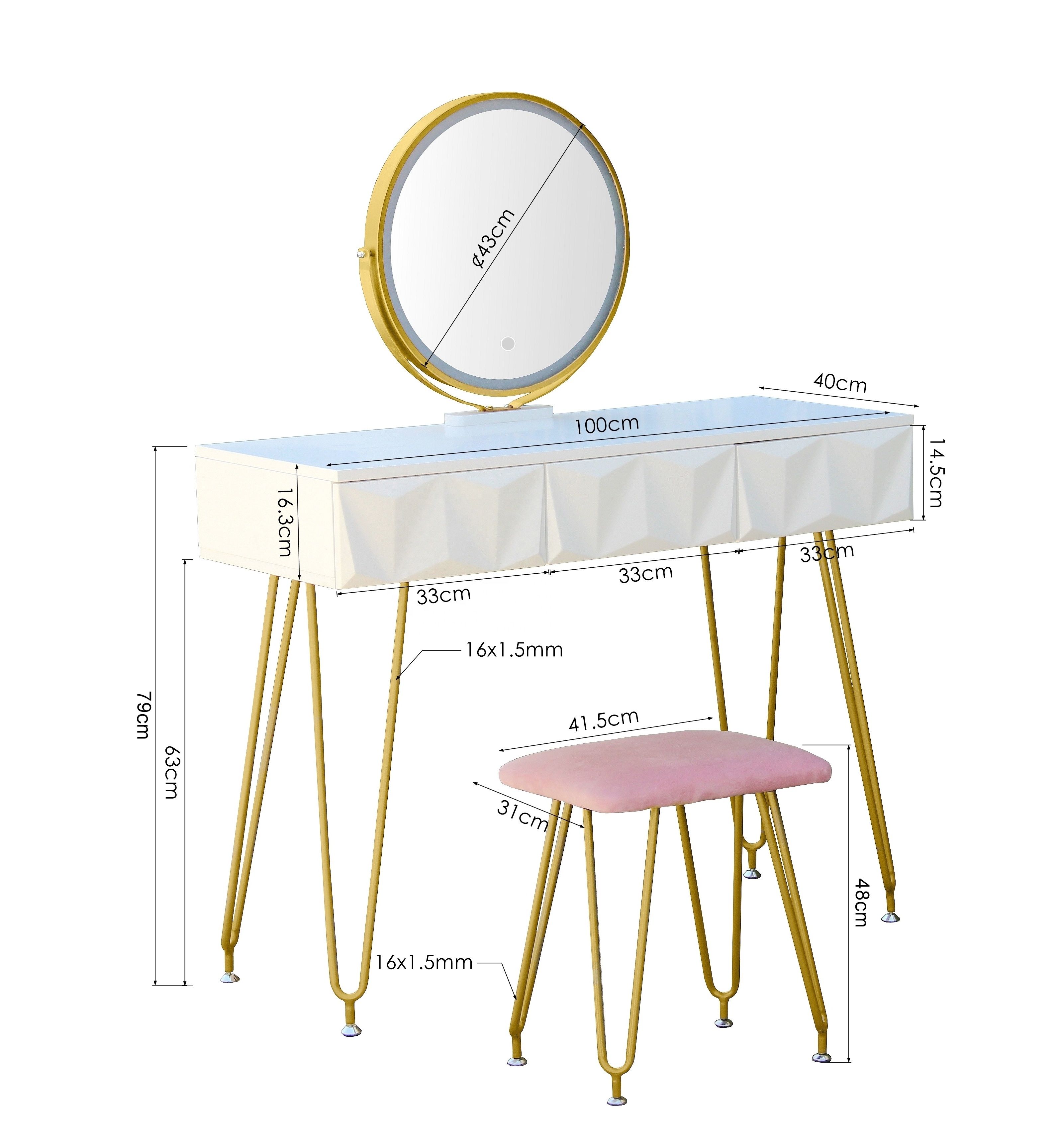 Vanity Set with 3-Color Lighted Mirror and Acrylic Makeup Organizer Dressing Table with PU Cushioned Stool