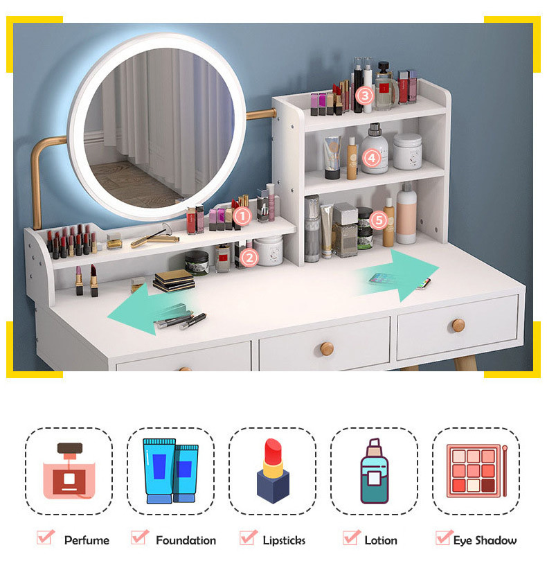 Mdf Modern Makeup Cabinet Storage Shelf Bedroom Vanity Drawer Dresser With Led Light Mirror Dressing Table