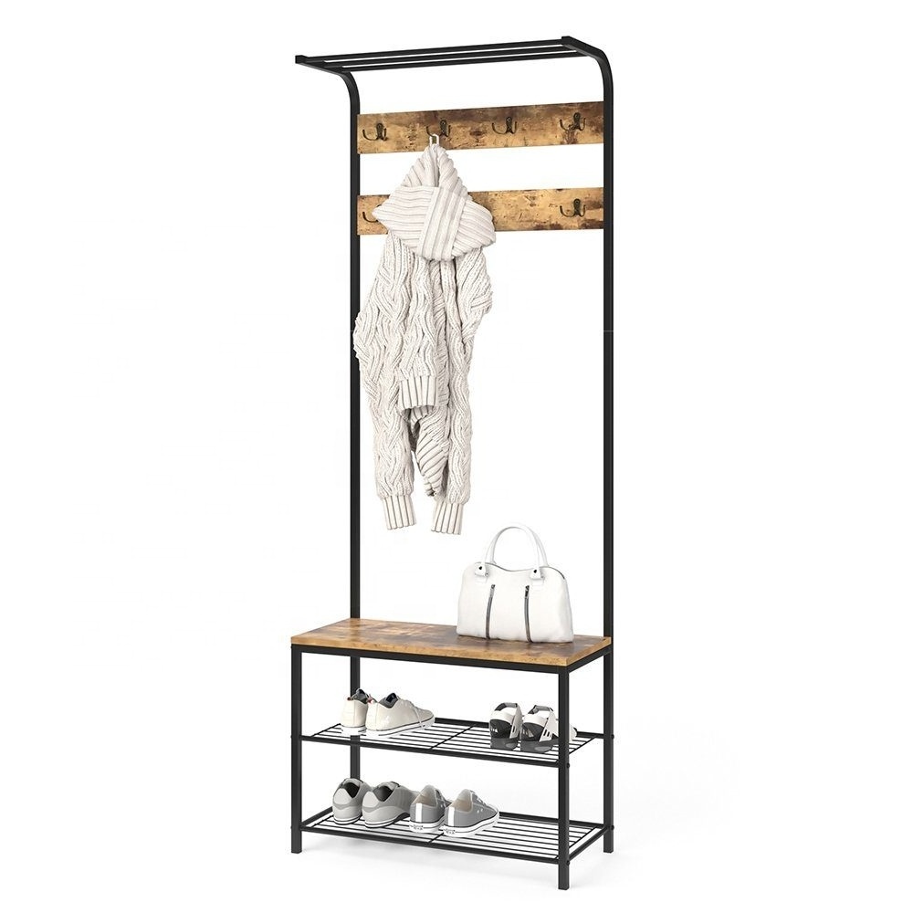 Coat Rack Shoe Bench Hall Tree With Storage Shelf Entryway Storage Organizer LOFT Wardrobe 70x32x190cm Vintage wood