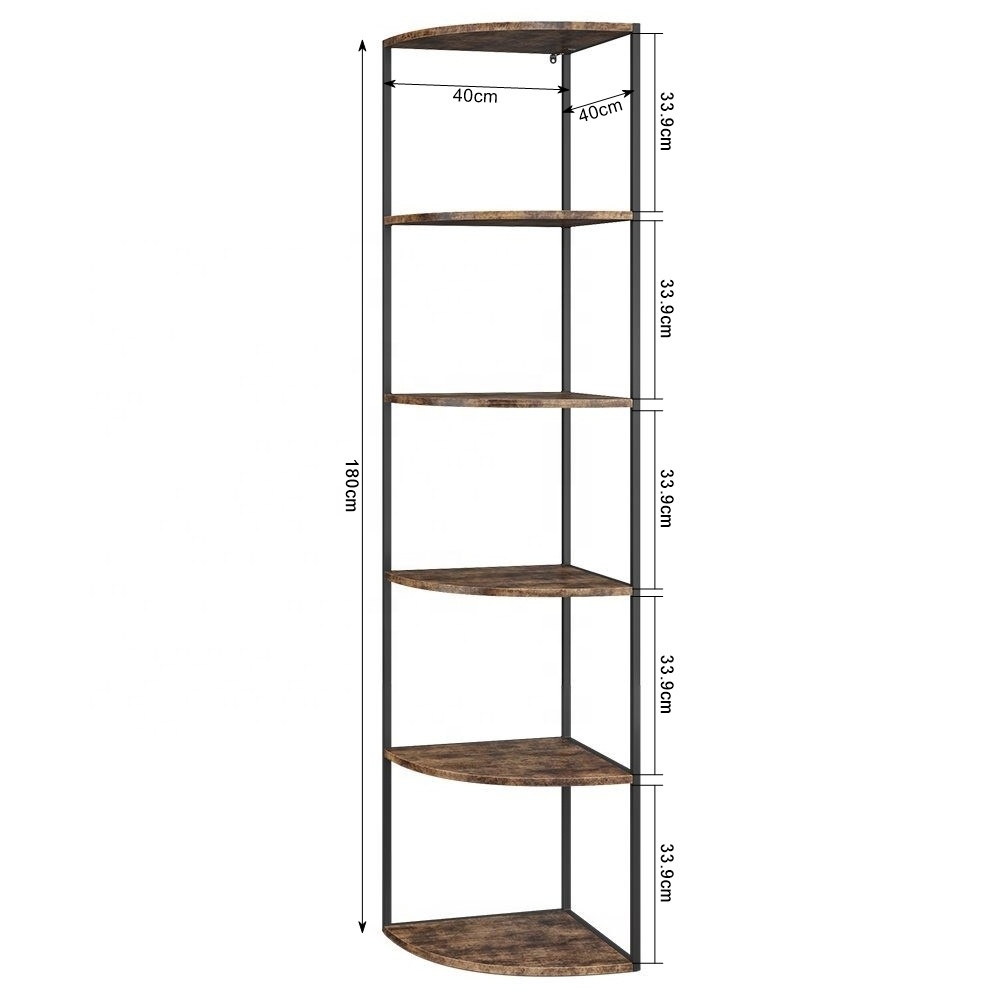 5 Tier Corner Shelf Tall Bookshelf Metal Frame Plant Stands Wall Display Storage Rack Organizer Shelf 180x40x40cm Vintage wood