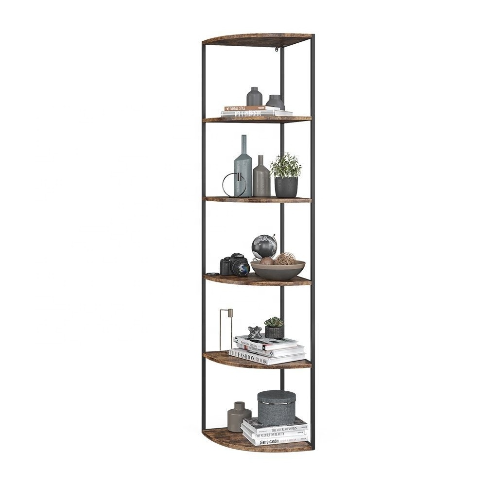 5 Tier Corner Shelf Tall Bookshelf Metal Frame Plant Stands Wall Display Storage Rack Organizer Shelf 180x40x40cm Vintage wood