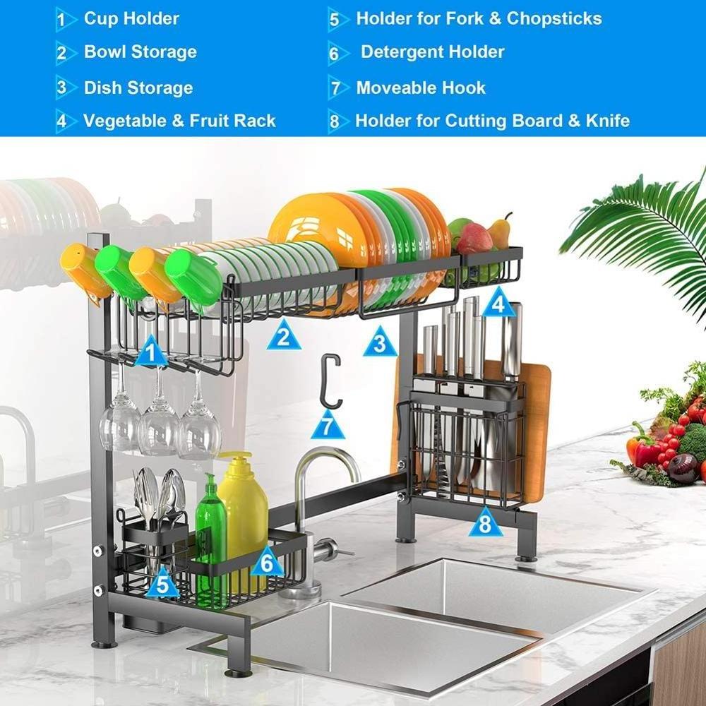 Dish Drying Rack Over Sink Stainless Steel Sturdy Dishes Drainer Space Saver Storage Shelf With Utensils Holder for Kitchen Sink