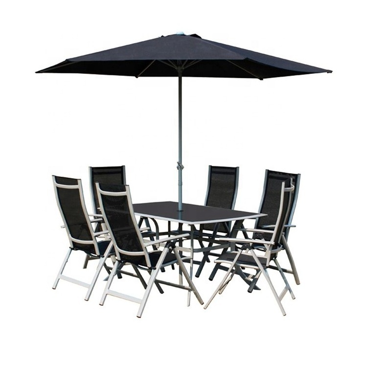 7pcs Outdoor Folding Patio Dining Set With Table, 4 Chairs, Umbrella and Built-In Base