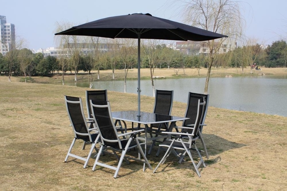 7pcs Outdoor Folding Patio Dining Set With Table, 4 Chairs, Umbrella and Built-In Base