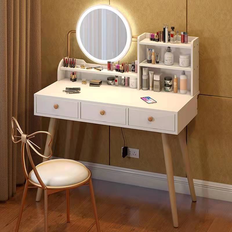 Mdf Modern Makeup Cabinet Storage Shelf Bedroom Vanity Drawer Dresser With Led Light Mirror Dressing Table