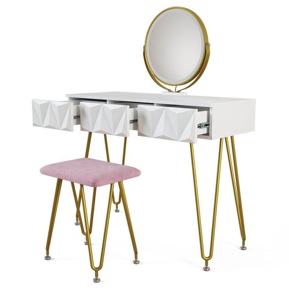 Vanity Set with 3-Color Lighted Mirror and Acrylic Makeup Organizer Dressing Table with PU Cushioned Stool