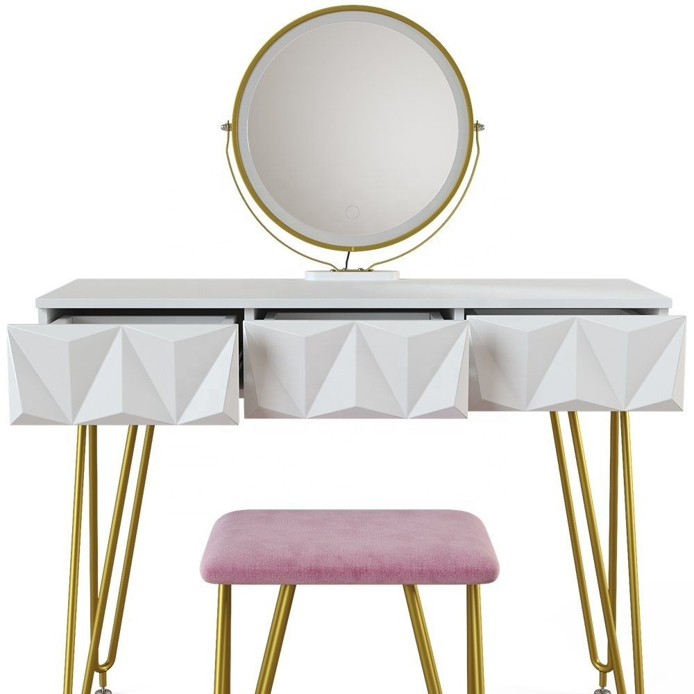 Vanity Set with 3-Color Lighted Mirror and Acrylic Makeup Organizer Dressing Table with PU Cushioned Stool