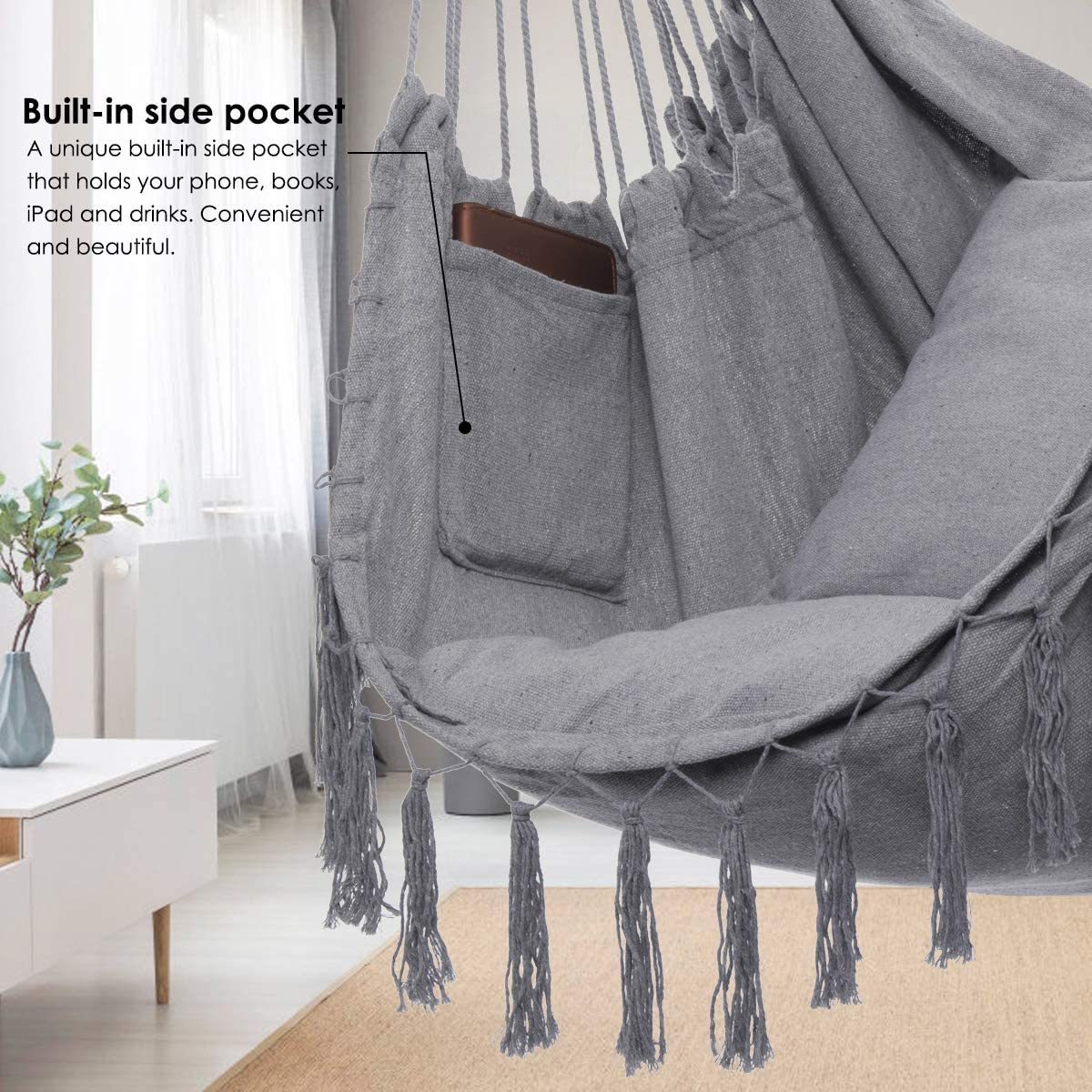 Durability Hammock Chair Hanging Rope Swing Large Macrame Hanging Chair with Pocket and 2 Cushions