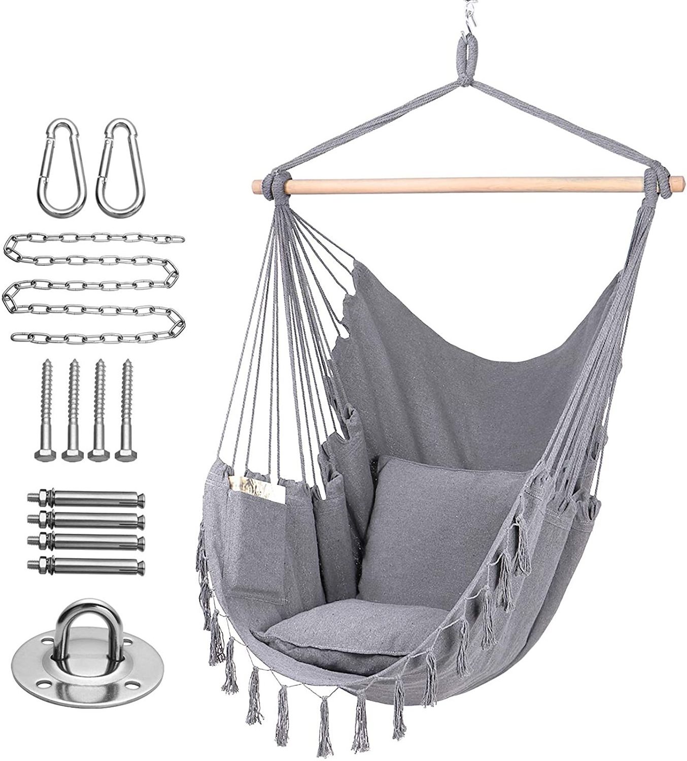 Durability Hammock Chair Hanging Rope Swing Large Macrame Hanging Chair with Pocket and 2 Cushions