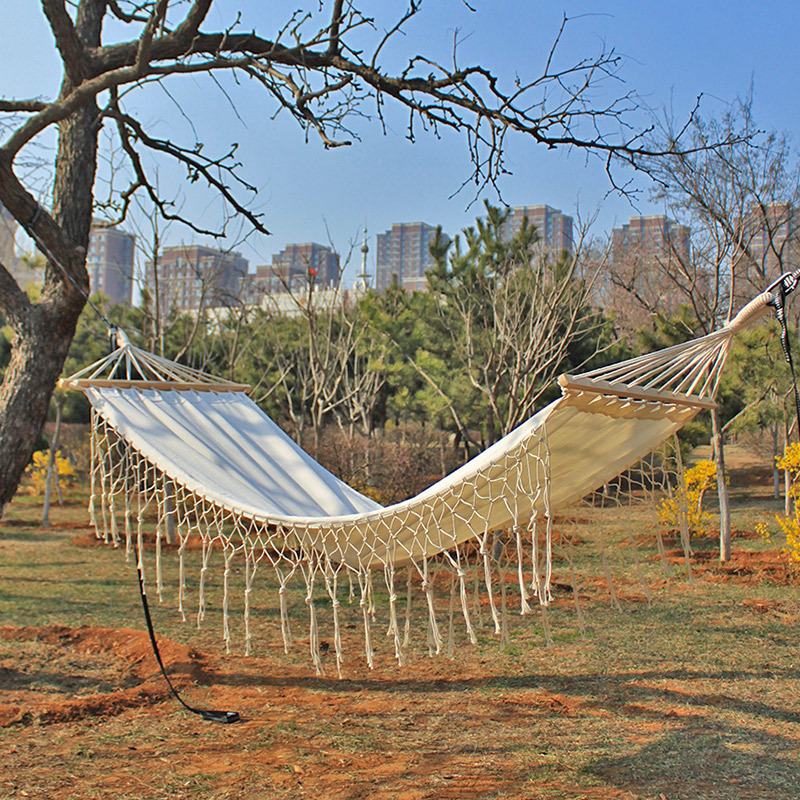 Boho Hammock Large Double Deluxe Hammock Swing Bed Outdoor Indoor Cotton Hammock with Macrame Lace Fringe Tassel and Carry Bag