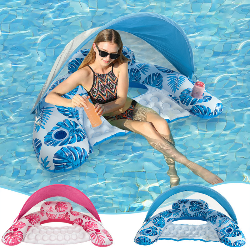 2024 Tanning pool with Canopy Cup Holder Adjustable Sun Shade Cover Air Mattress Inflatable pvc Swimming Pool Float for Adults