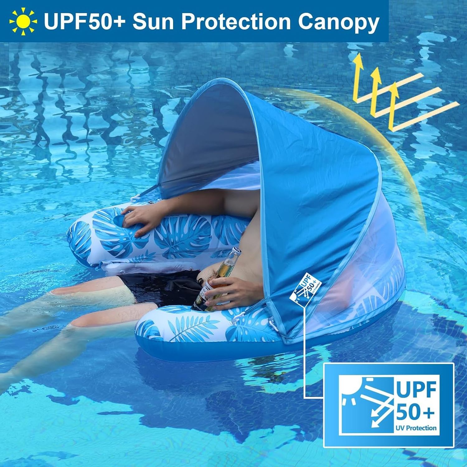 2024 Tanning pool with Canopy Cup Holder Adjustable Sun Shade Cover Air Mattress Inflatable pvc Swimming Pool Float for Adults