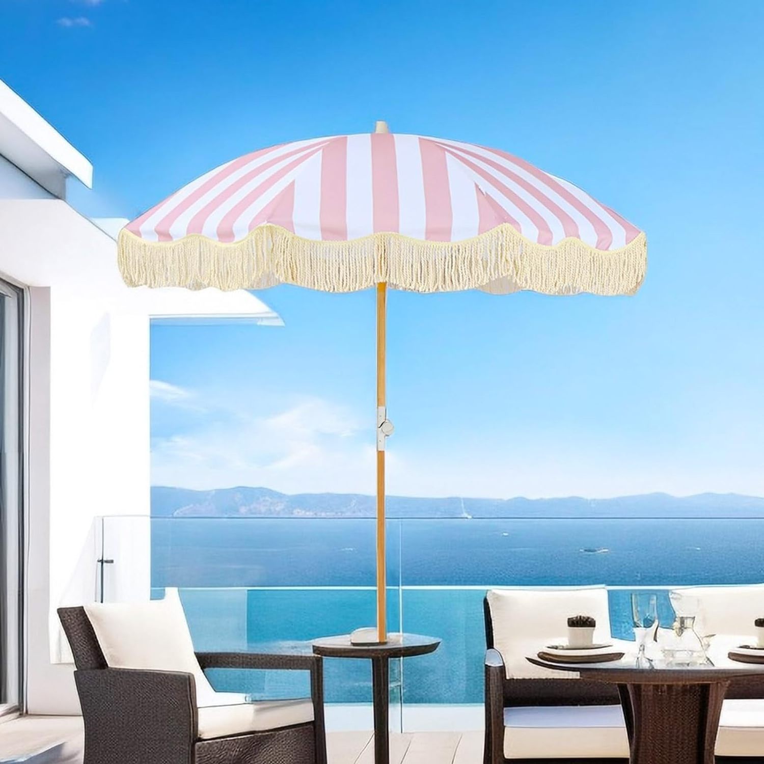 Boho Beach Umbrella With Tassel Fringe 50+ UV Protection Tilt Function With Wood Pole For Large Pool Outdoor Patio Table