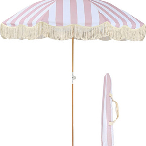 Boho Beach Umbrella With Tassel Fringe 50+ UV Protection Tilt Function With Wood Pole For Large Pool Outdoor Patio Table