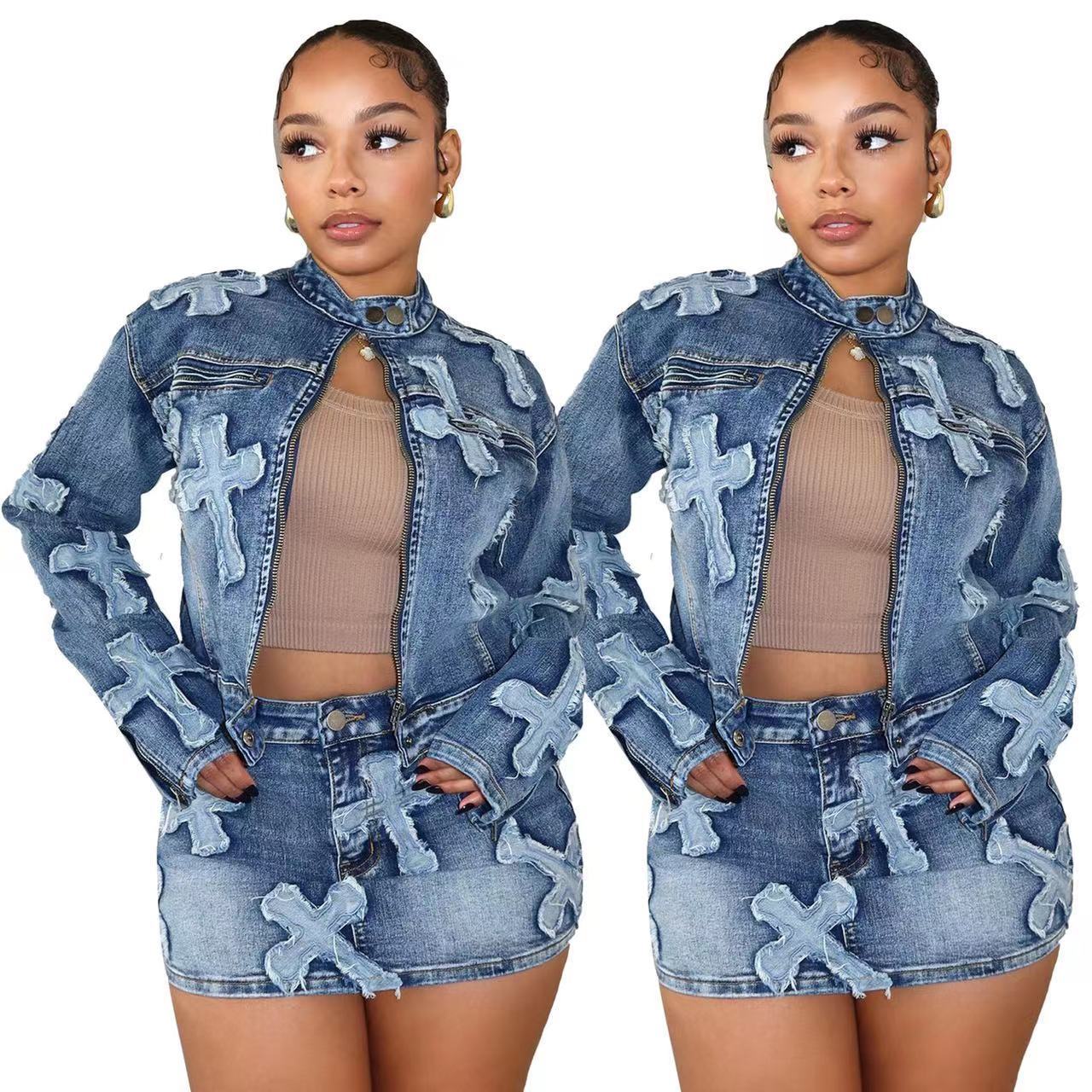 2024 African plus size zipper Denim Sets Street wear Women's jeans Coat and mini skirt Two Piece sets for women