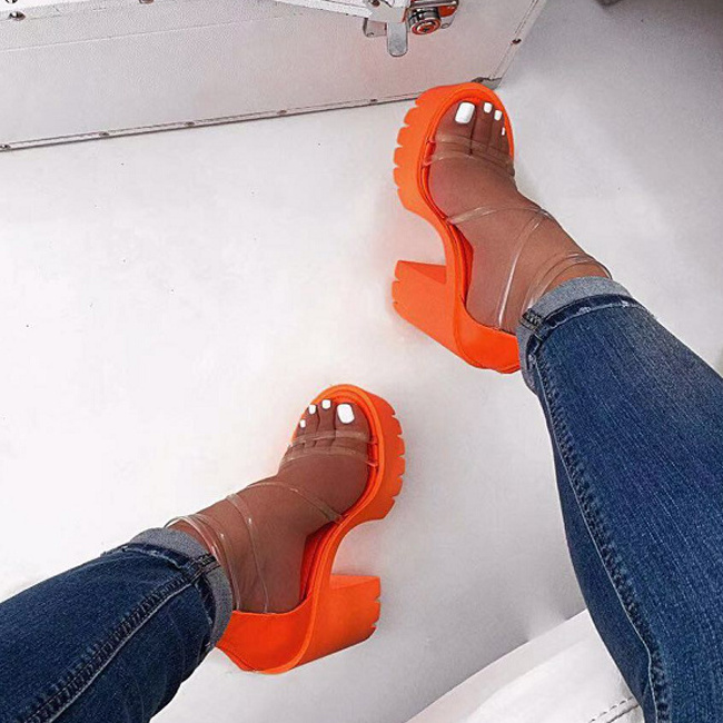 Women Sexy Orange block heel ladies Neon Color Sandals Clear Strap Wedge Platform high heel Sandals China