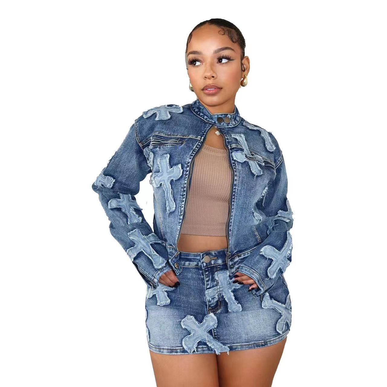 2024 African plus size zipper Denim Sets Street wear Women's jeans Coat and mini skirt Two Piece sets for women