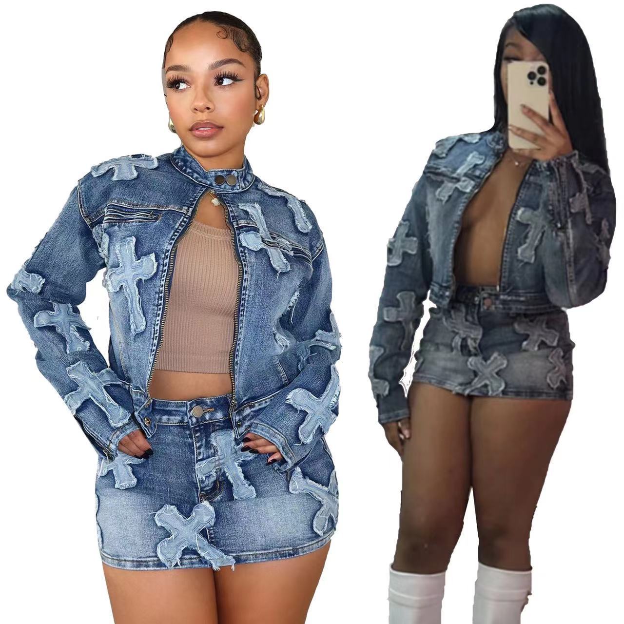 2024 African plus size zipper Denim Sets Street wear Women's jeans Coat and mini skirt Two Piece sets for women