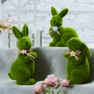 Wholesale Home Ornament Rabbit Decorations  Easter Green Flocking Grass Ceramic Plush Moss Bunny