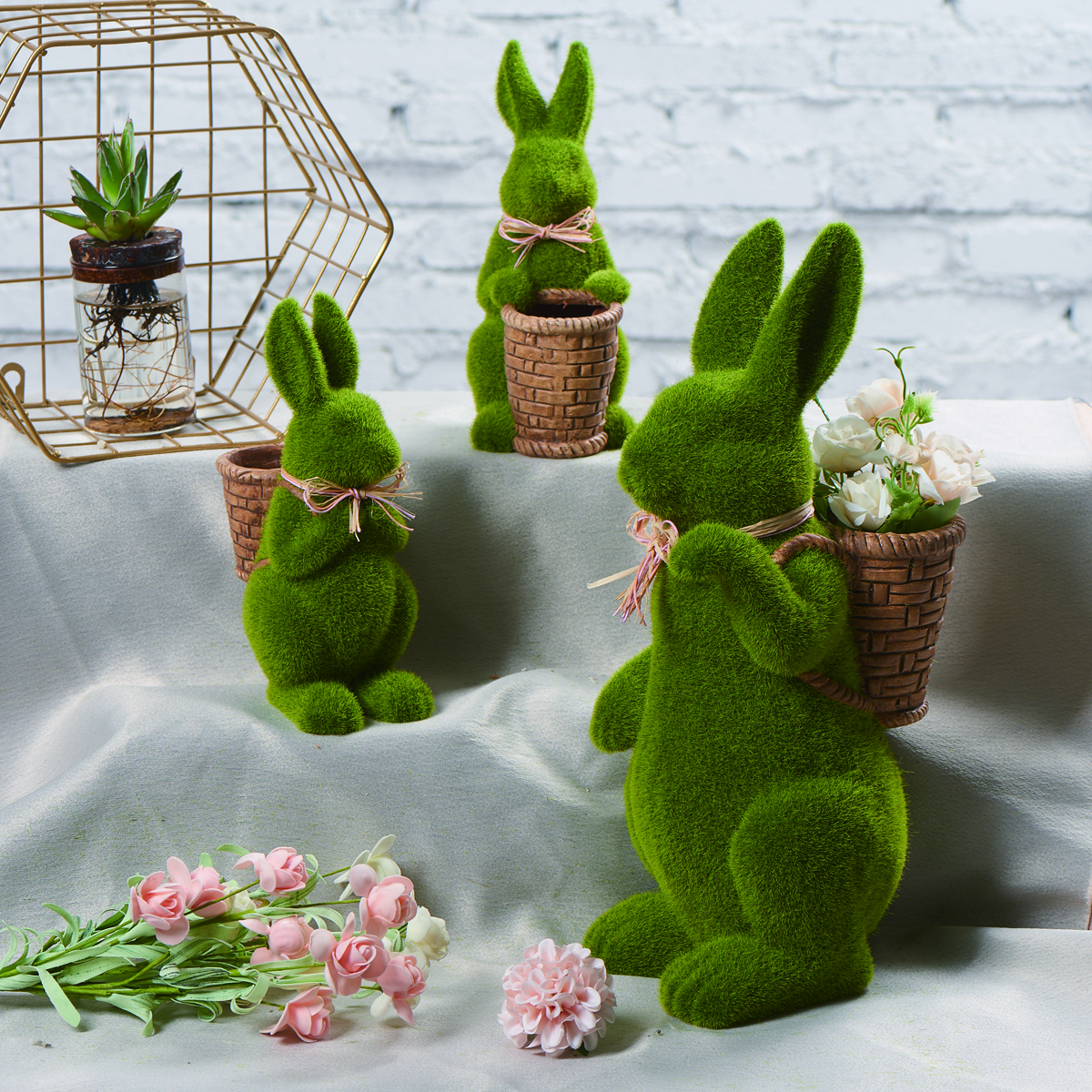 Wholesale Home Ornament Rabbit Decorations  Easter Green Flocking Grass Ceramic Plush Moss Bunny