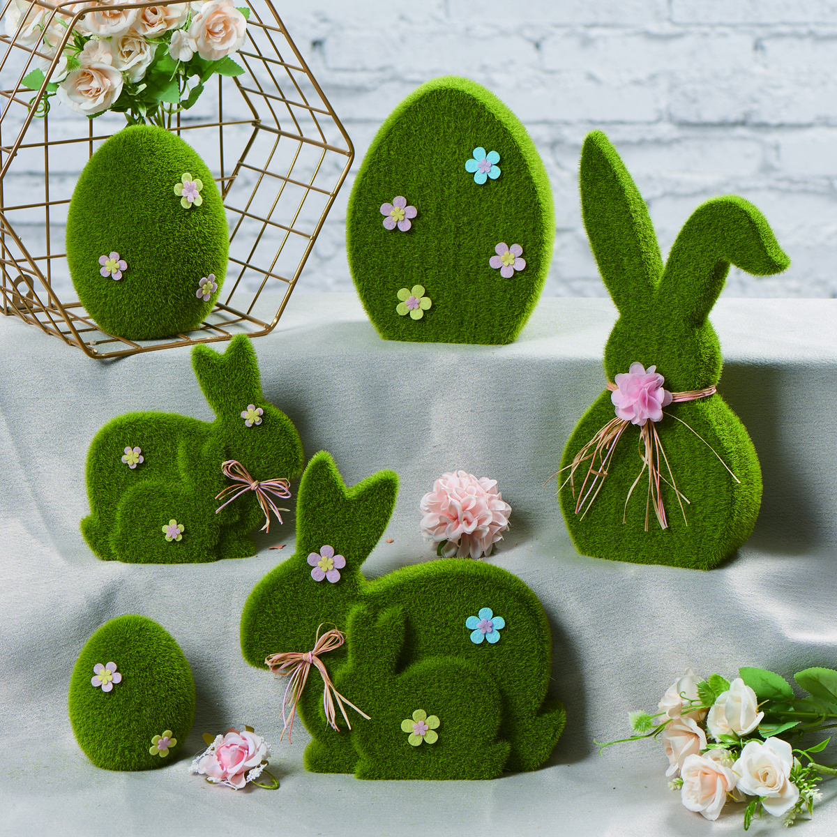 Wholesale Home Ornament Rabbit Decorations  Easter Green Flocking Grass Ceramic Plush Moss Bunny