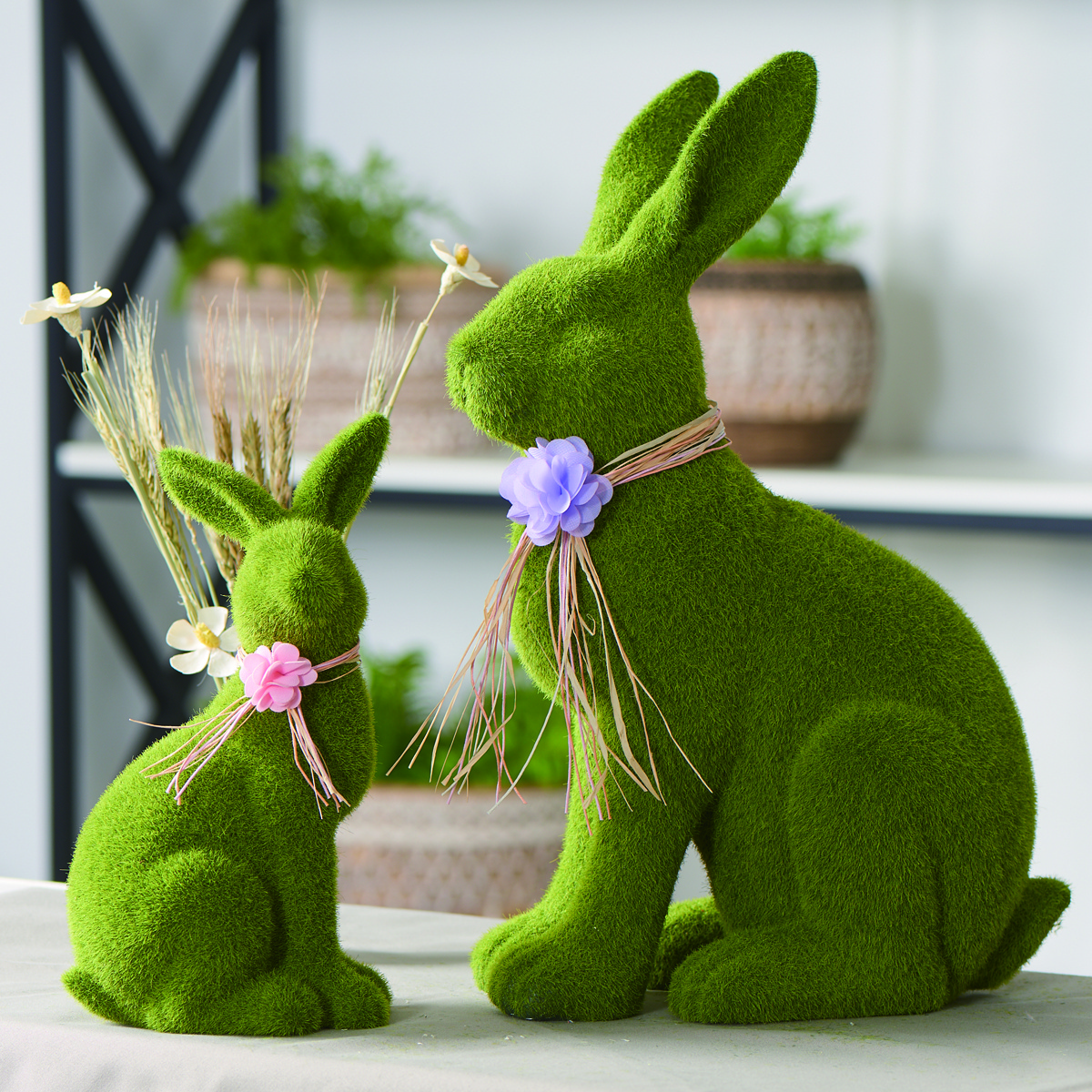 Wholesale Home Ornament Rabbit Decorations  Easter Green Flocking Grass Ceramic Plush Moss Bunny