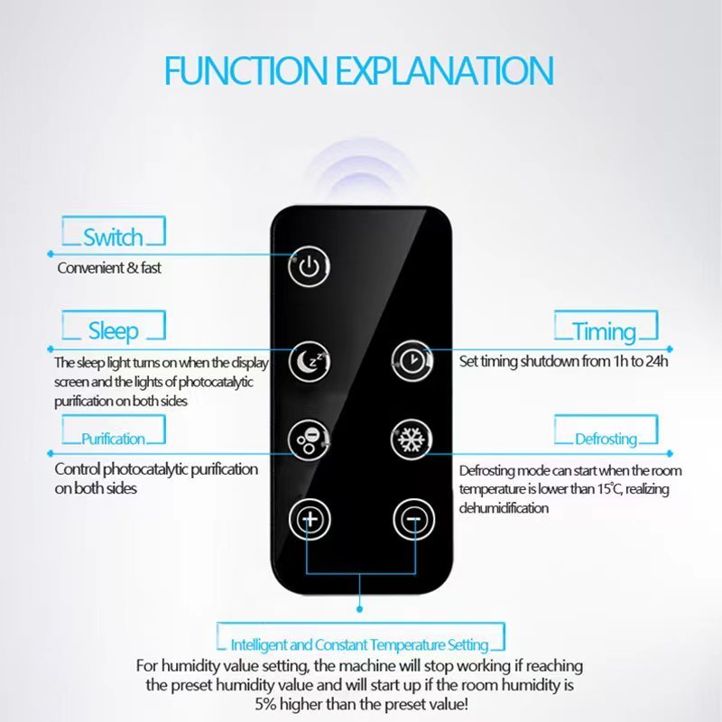 Home multi-function intelligent Dehumidifier,indoor remote control air purify defrosting removable dehumidifier with 2L tank