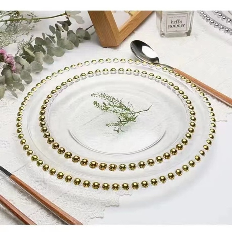 Restaurant Gold silver beaded  glass charger plate for wedding decor