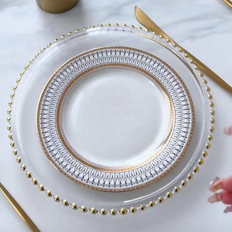 Restaurant Gold silver beaded  glass charger plate for wedding decor