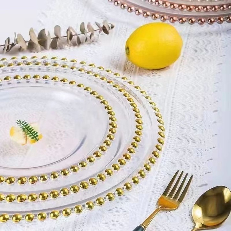 Restaurant Gold silver beaded  glass charger plate for wedding decor