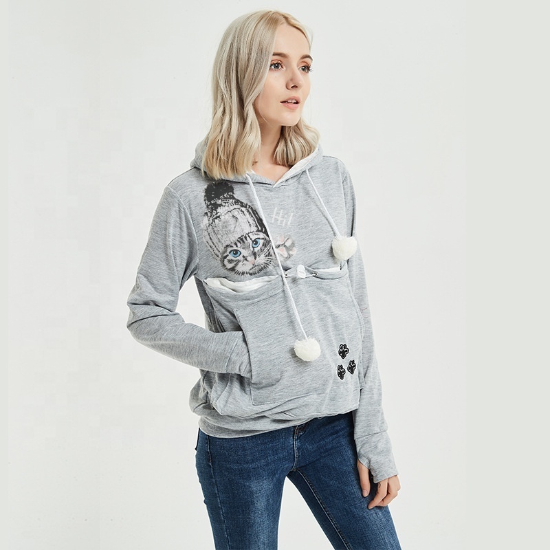 2023 New Women's Cute Cat Face Print Casual Hoodies Sweater Autumn Hot Selling Big Pocket Hoodies