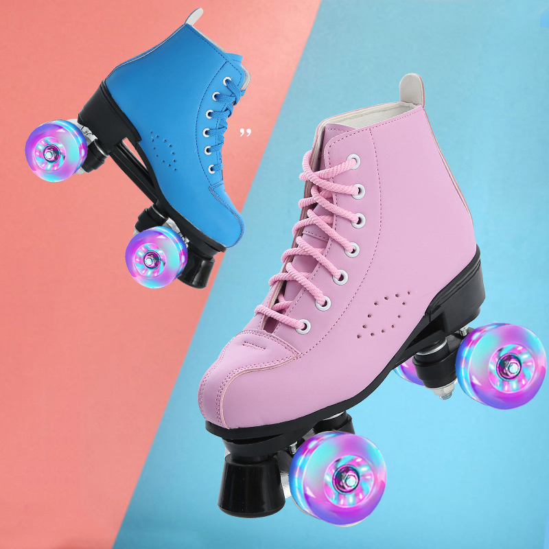 Luminous four wheel double row roller skates PU leather roller skates for young adults