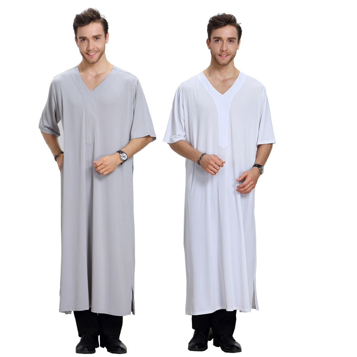 Wholesale Arabic Dress for Men Highly Elastic Breathable V-ne Jubba Muslim Islamic Clothes Men's Thobe 2021 Thobe / Thawb Adults