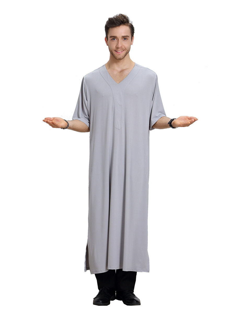 Wholesale Arabic Dress for Men Highly Elastic Breathable V-ne Jubba Muslim Islamic Clothes Men's Thobe 2021 Thobe / Thawb Adults