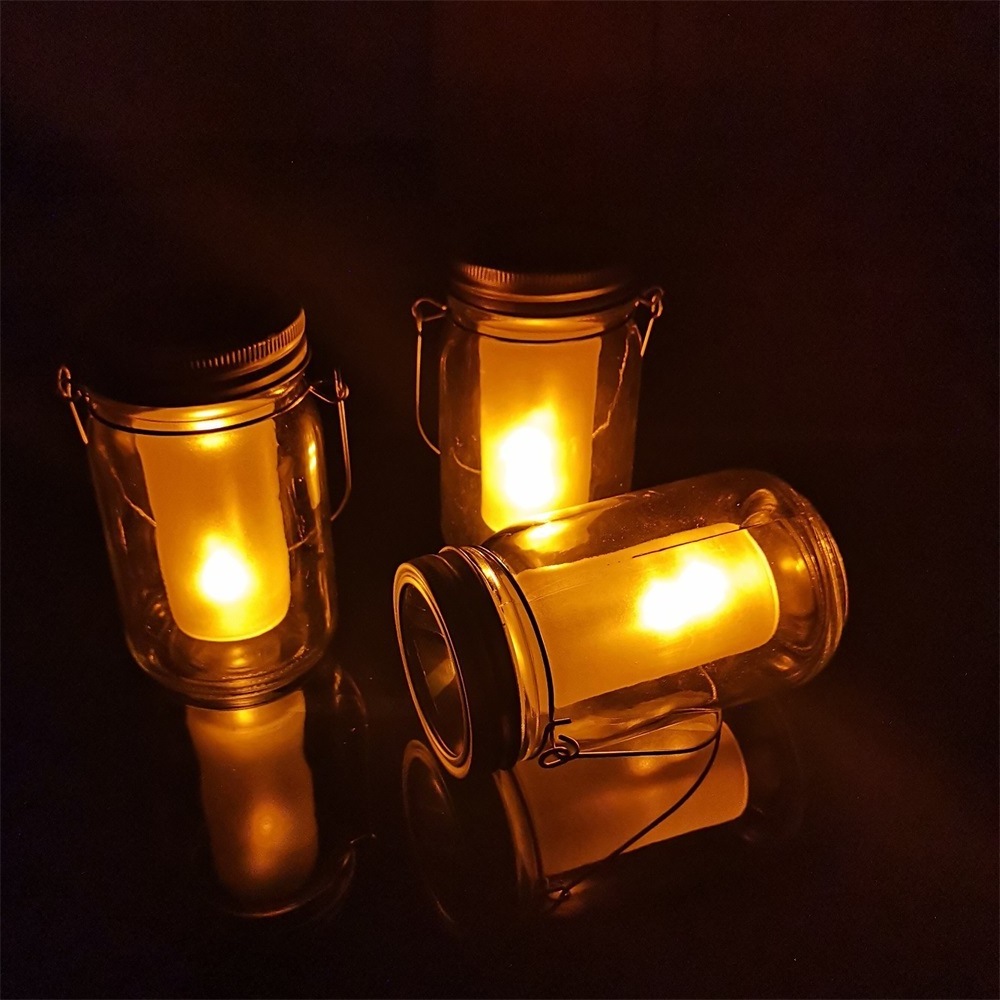 Creative Solar Garden Lights Outdoor Decorative Yard LED Solar Yellow Flame Lamp Mason Jar Lights Glass Bottle Hanging Lantern