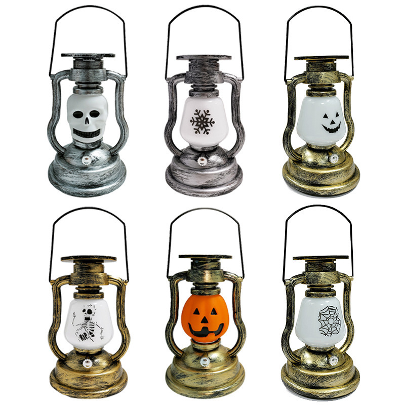 PL50B59 Retro Silver Red Pumpkin Face Oil Lamp Plastic Battery Operated Led Night Lights Outdoor Hanging Led Light Party Decor