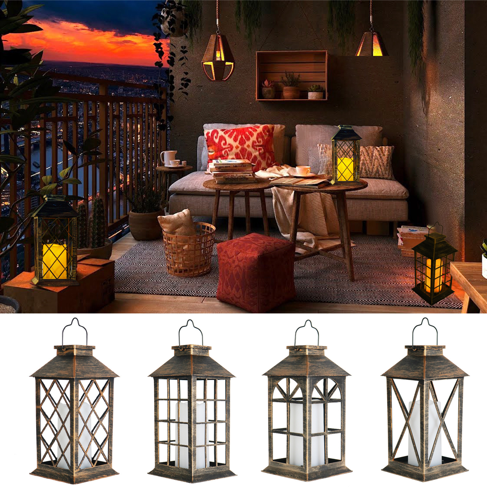 Retro Metal Lantern Led Tea Wax 3AAA Battery Hanging Table Lantern Lights  To Decorate The Outdoor Balcony