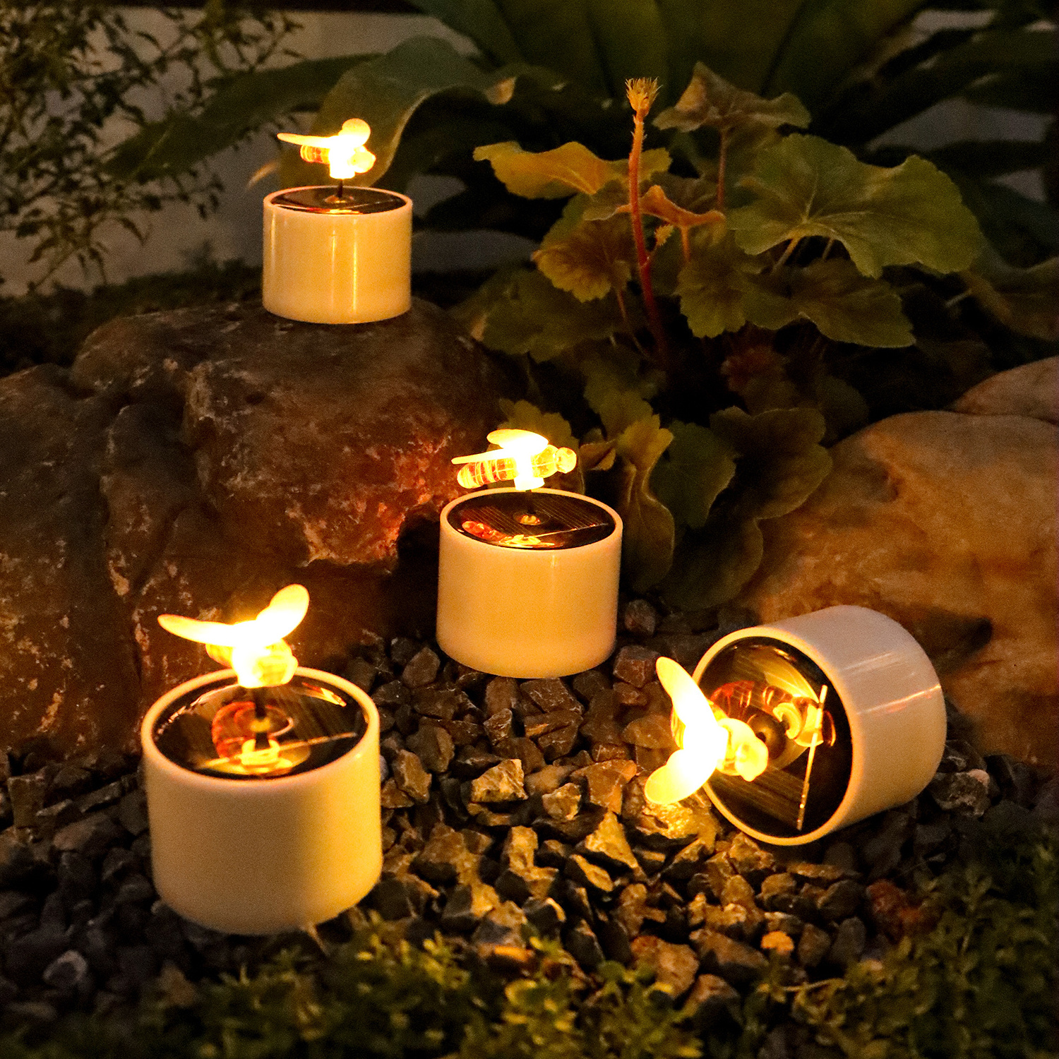 SOL1012-HW002 6 Pcs Garden Decoration Solar Flameless Waterproof Bees Tea Light Candles Warm White LED Orange Bee Wick Candle