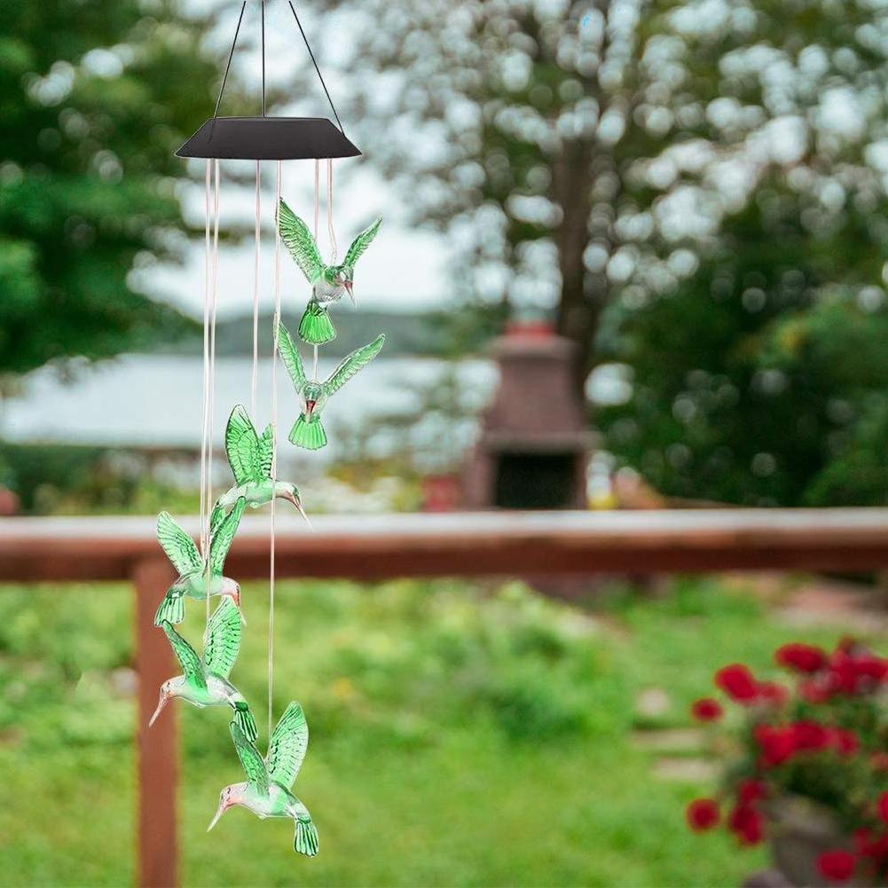 Six Hummingbird Wind Chimes Night Garden Decoration for Home Party LED Solar Hummingbird Wind Chime, Changing Color Waterproof