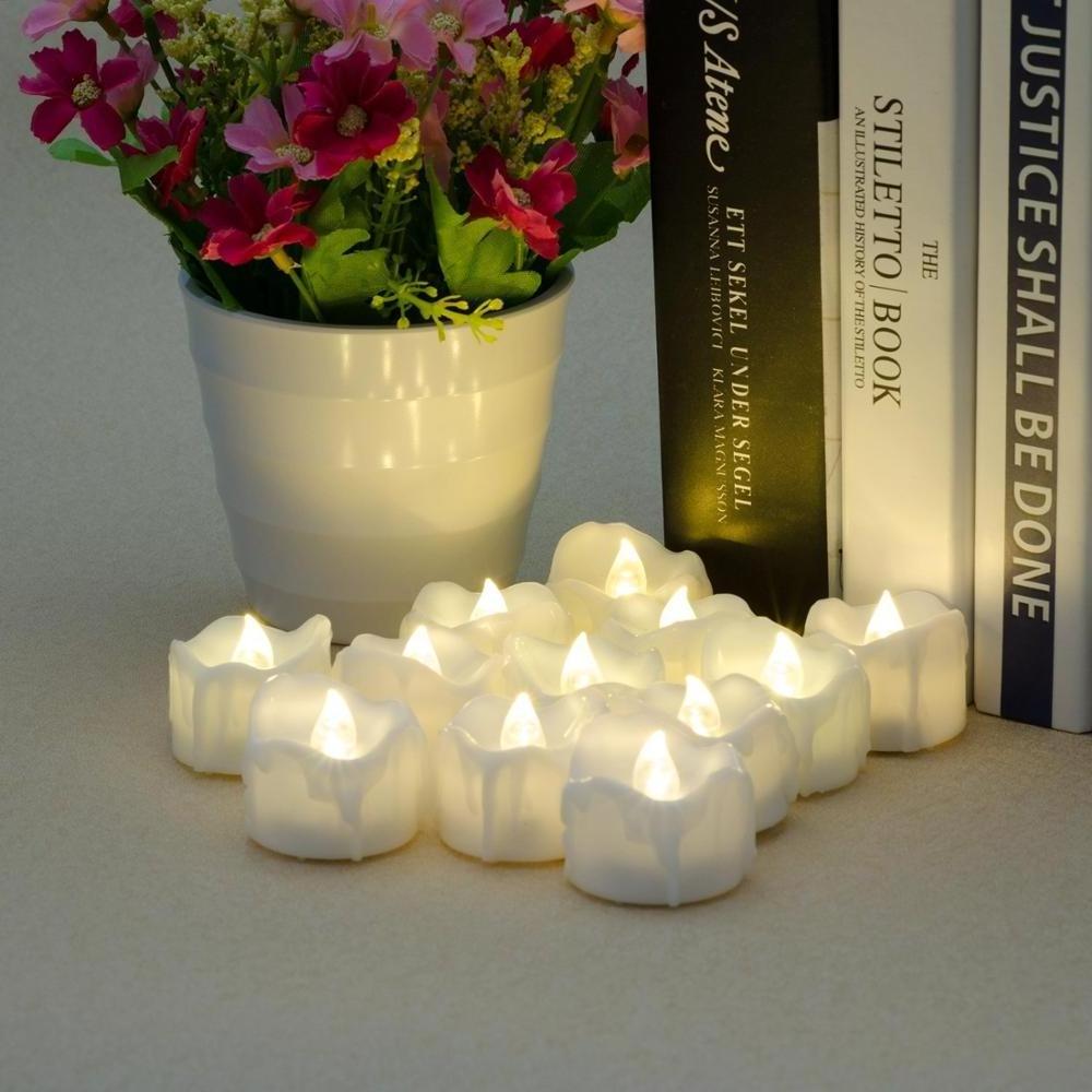 Warm White Flickering LED Tealight Candle Votive Realistic Battery Operated Tealight Pack of 12 Flameless Candles with Remote