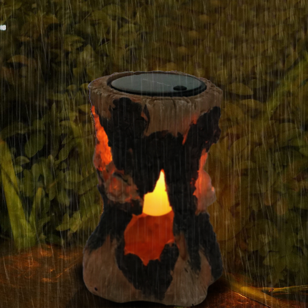 GL6069F Solar Resin 20 LED Simulation Stump Flame Light Flickering Stump on Fire Torch Lights for Patio Deck Decoration