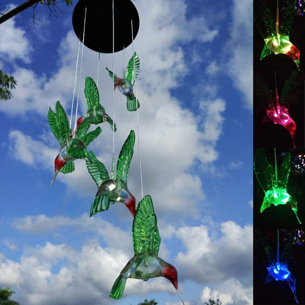 Six Hummingbird Wind Chimes Night Garden Decoration for Home Party LED Solar Hummingbird Wind Chime, Changing Color Waterproof