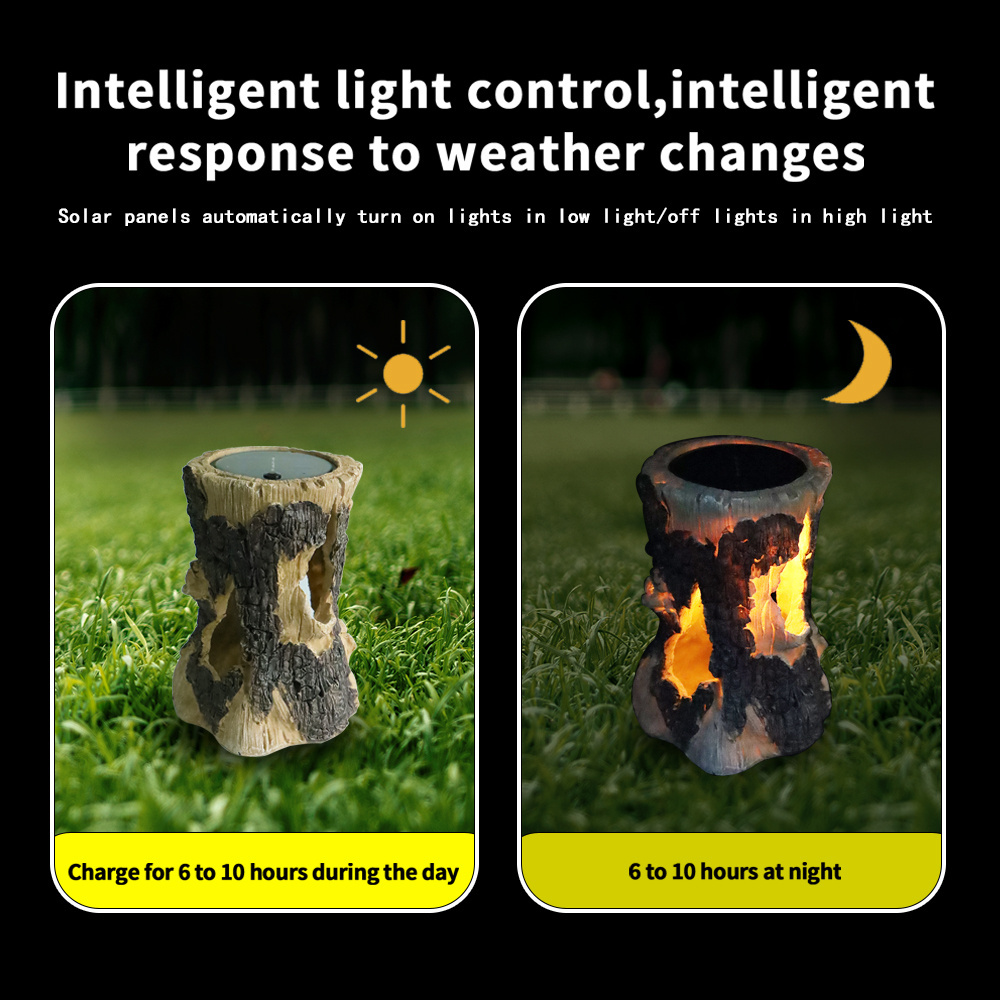 GL6069F Solar Resin 20 LED Simulation Stump Flame Light Flickering Stump on Fire Torch Lights for Patio Deck Decoration