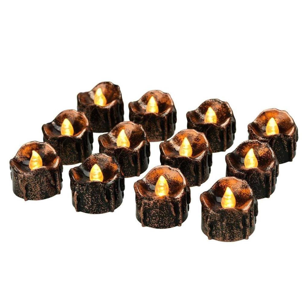 Pack of 12 Black Pillar Flickering LED Flameless Candles Battery Operated for Fireplace/Table Centrepiece/Halloween