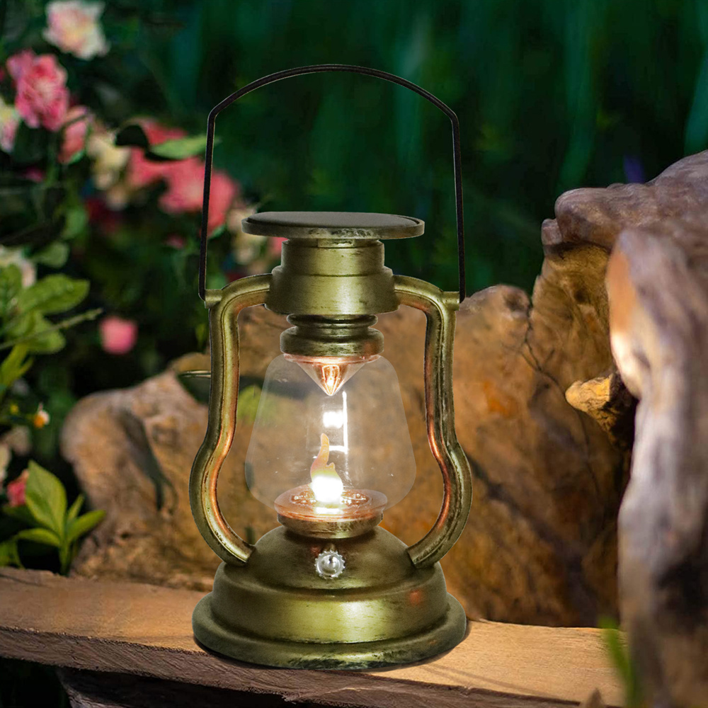 Retro Orange Flame Led Lamp Miners Lantern for Garden Tree Table Reading Lighting Solar Hanging Camping Oil Light Lantern